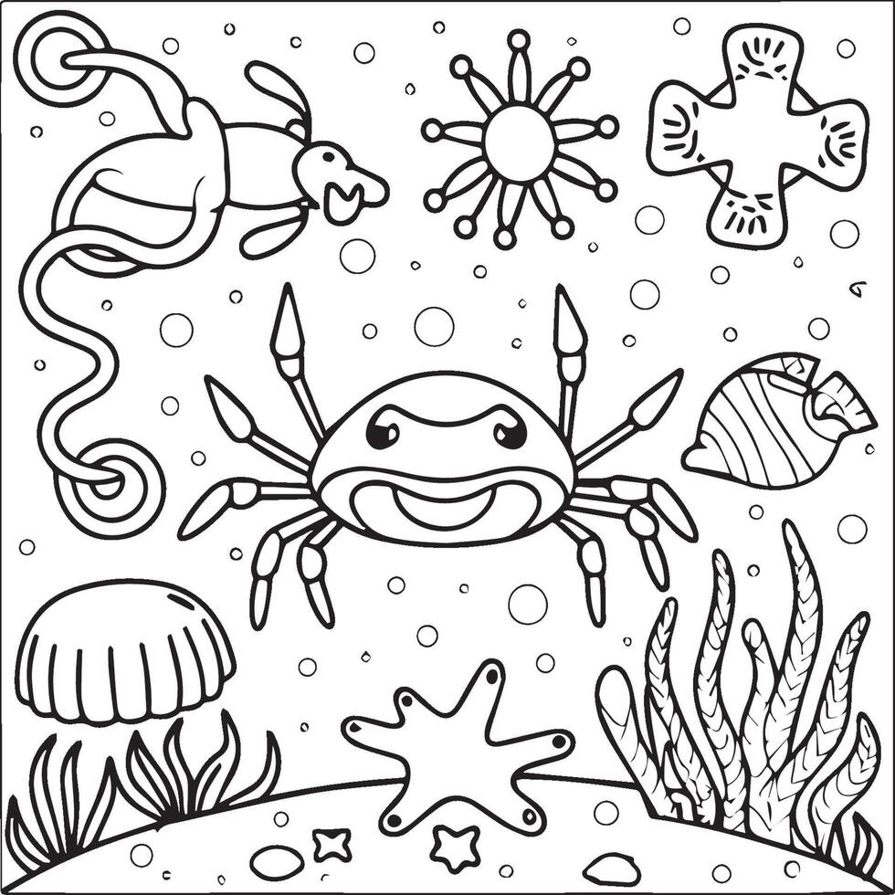 mer créatures coloration pages. mer créatures contour pour coloration livre vecteur