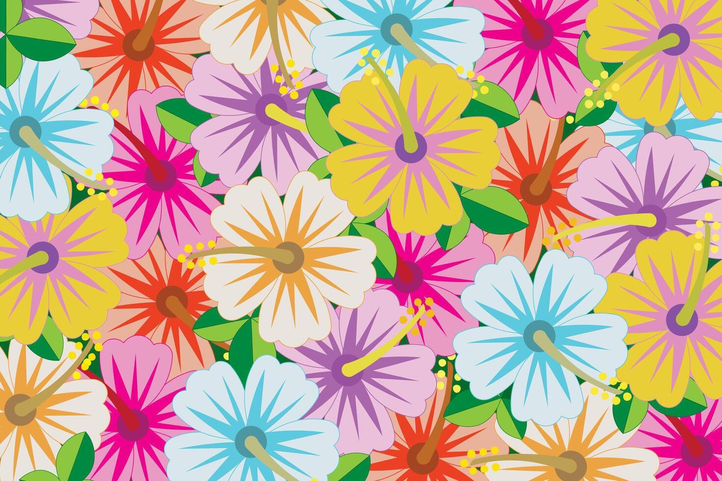 illustration fond d'écran de multi Couleur le hibiscus fleur avec feuilles sur vert Contexte. vecteur