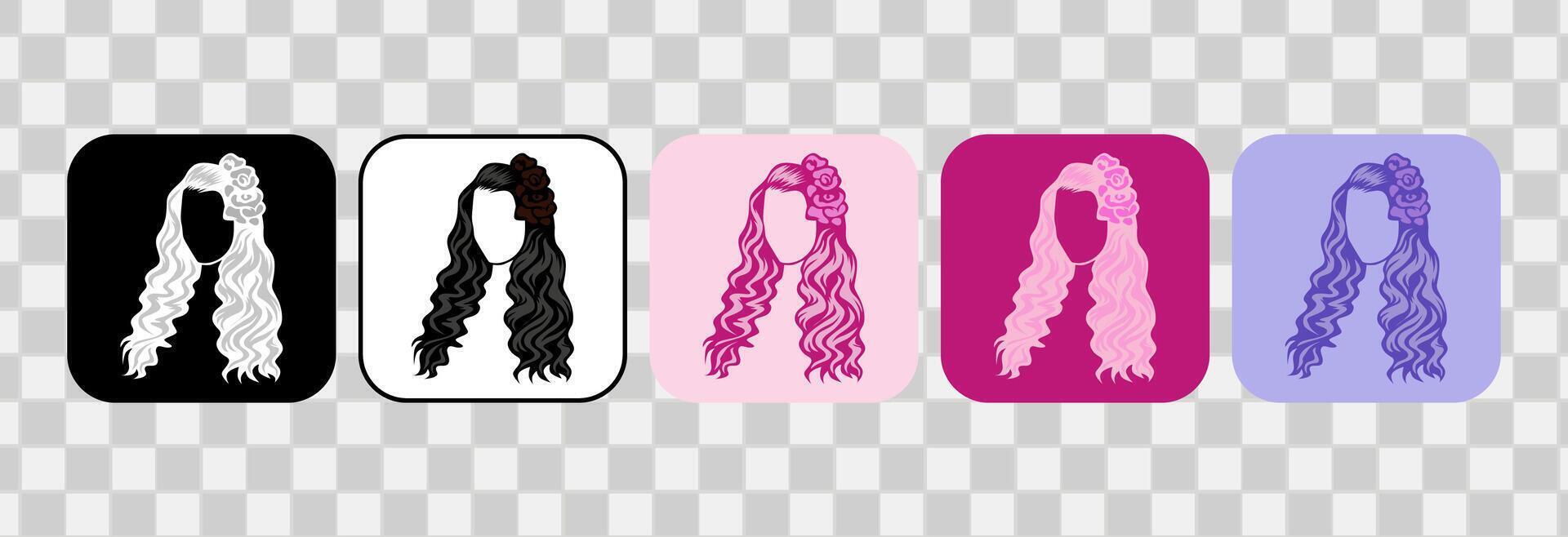 ensemble de femmes cheveux Icônes. silhouette dessiné à la main contour. pour logotype, agrafe art, symbole, autocollant, ou la toile conception. 600 pixels X 600 pixels rectangulaire icône, vecteur plat illustration.