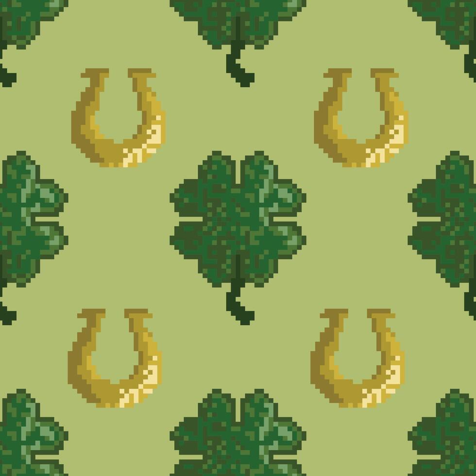 vecteur sans couture modèle avec quatre feuille trèfles et fers à cheval. st patrick journée ornement. pixel art