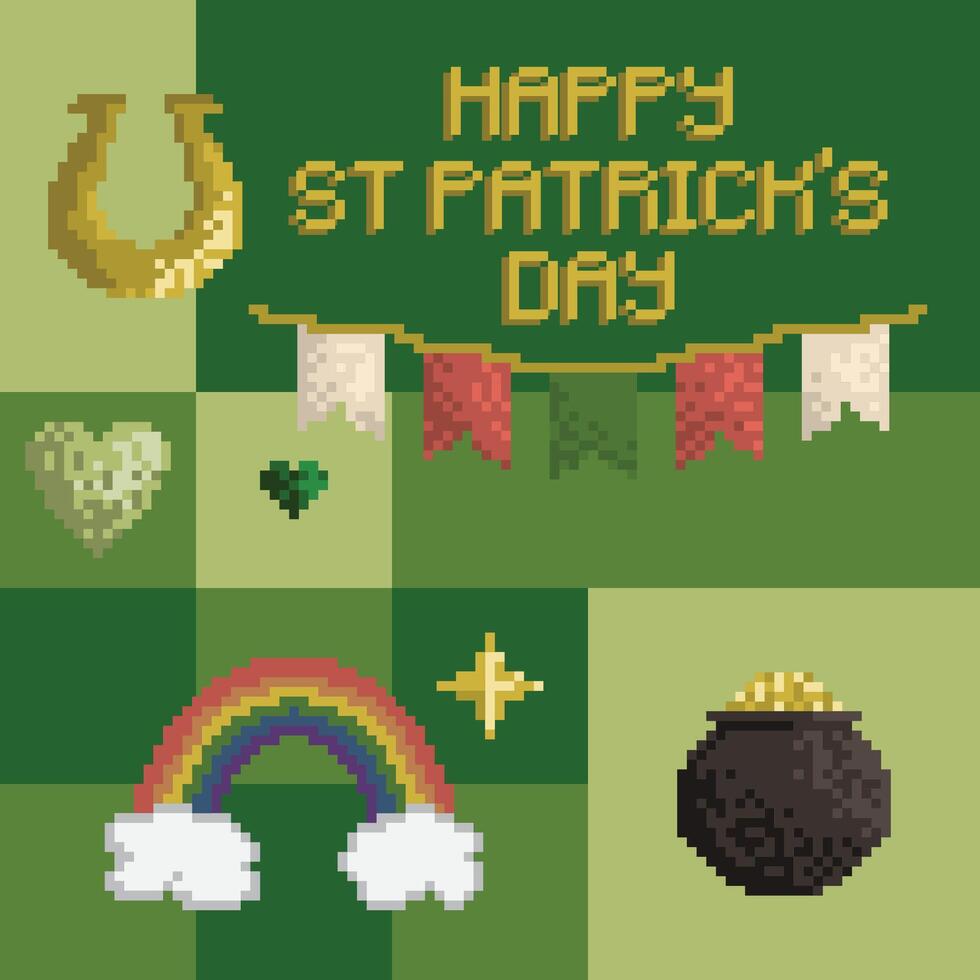 st patrick journée vecteur illustration. quatre feuille trèfle, fer à cheval, arc-en-ciel, pot de or. pixel art