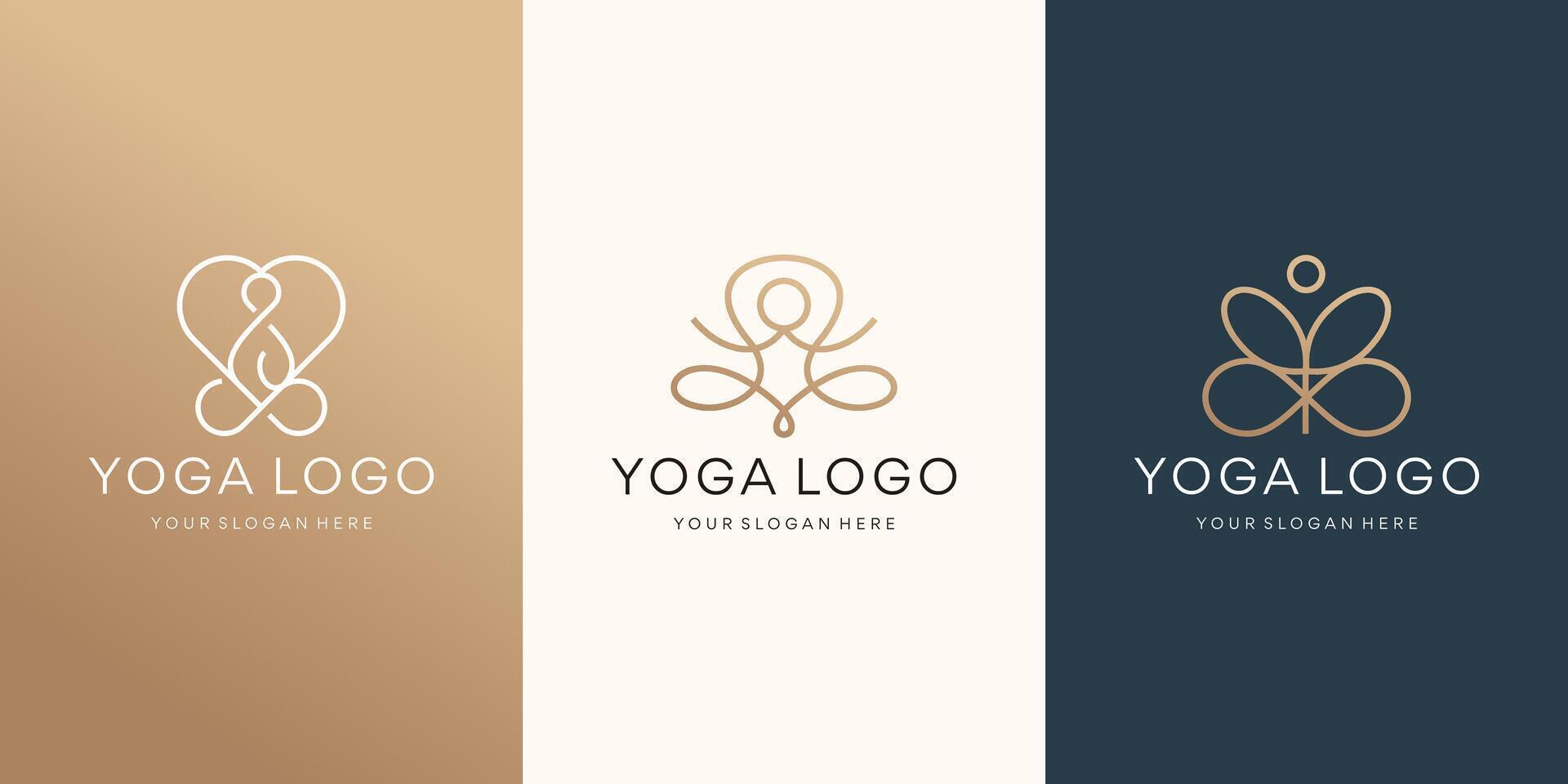 minimaliste géométrie infini yoga logo ensemble conception. inspiration yoga logo avec d'or Couleur l'image de marque ligne art style. vecteur