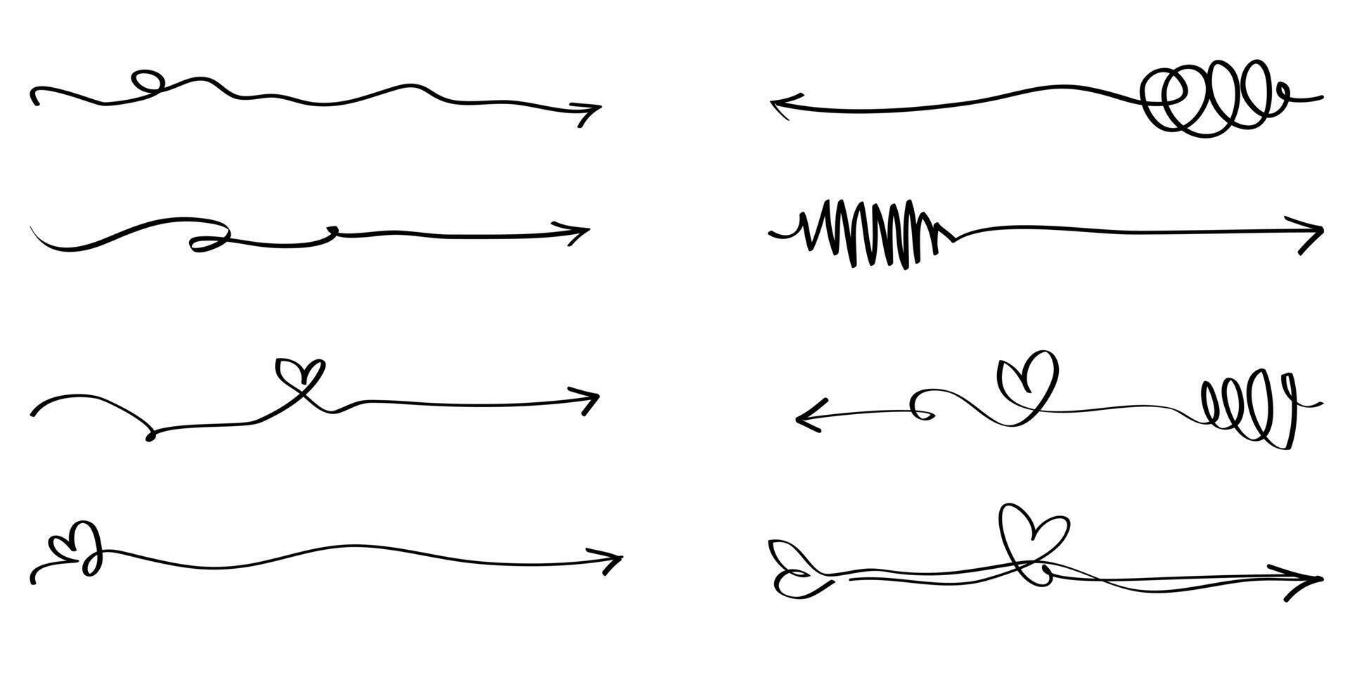 main tiré ensemble de flèche, frontière, souligner, frisé bruissements, paraphes, fonce. tourbillon, surligner texte éléments. griffonnage vecteur illustration