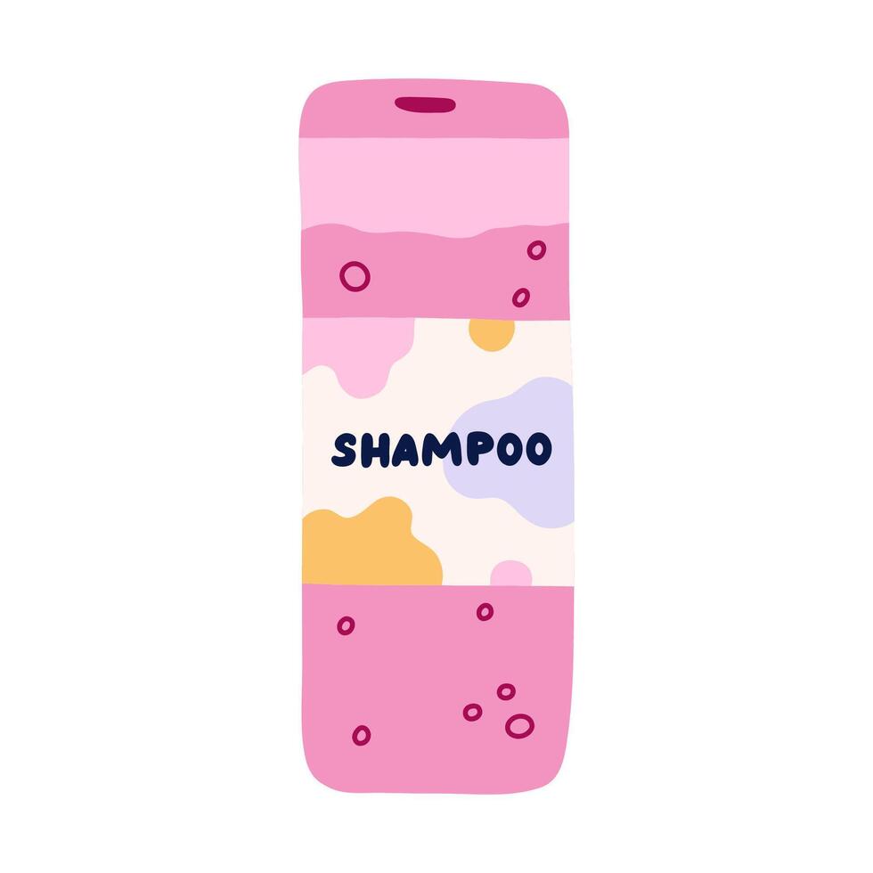 mignonne main tiré shampooing avec abstrait étiqueter. rose une baignoire et douche cosmétique pour la lessive cheveux. Plastique bouteille de shampooing pour soin des cheveux. Facile griffonnage dans dessin animé style isolé sur blanc vecteur