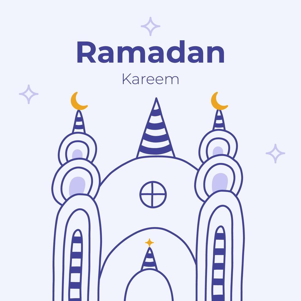 affiche pour Ramadan kareem dans puéril naïve style. islamique salutation carte avec mosquée, lune croissant, étoiles dans le ciel. modèle pour bannière, site Internet conception, médias pour Ramadan mois événements vecteur