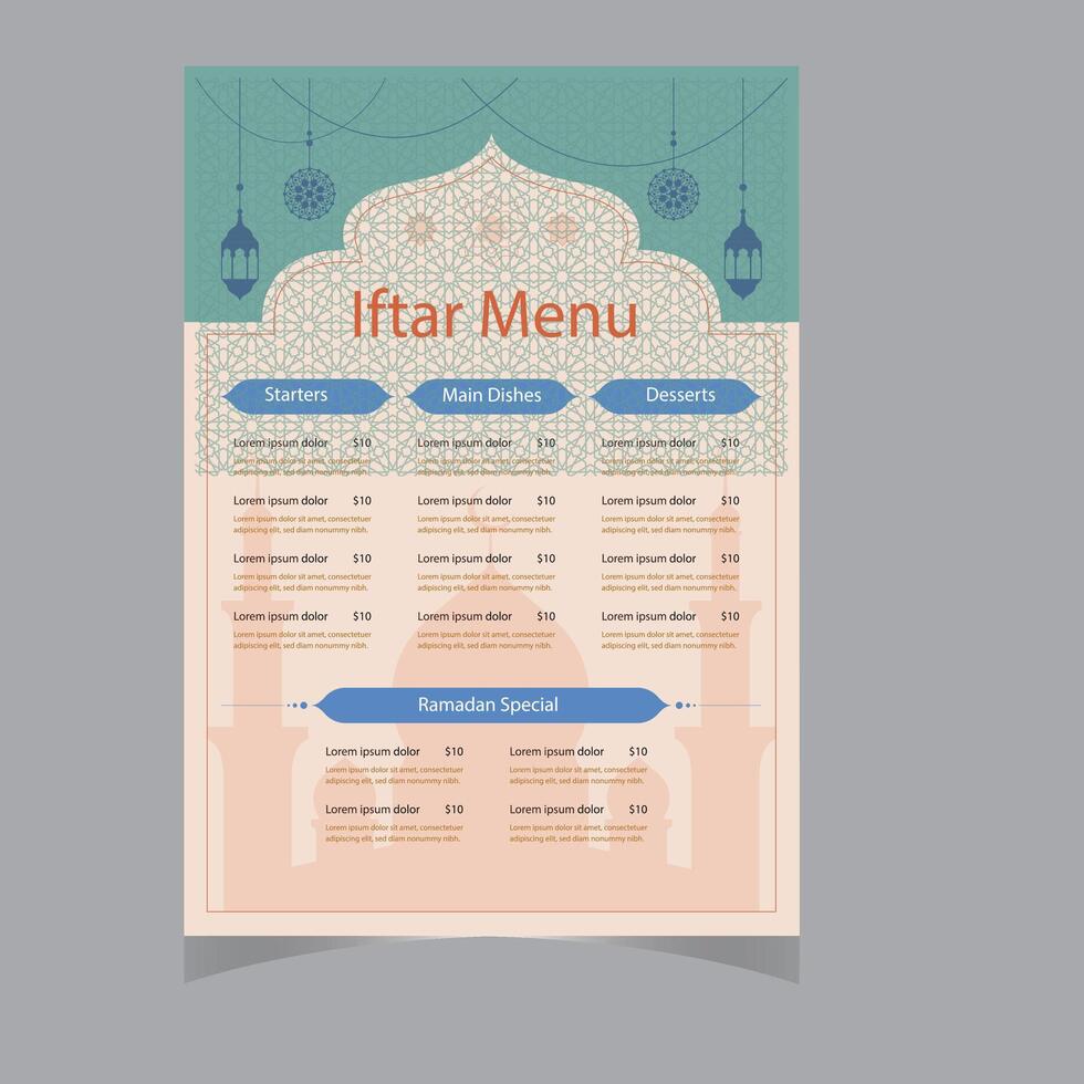 vecteur plat iftar verticale menu modèle Ramadan menu modèle dans bleu islamique Contexte conception. aussi bien modèle pour restaurant menu conception.