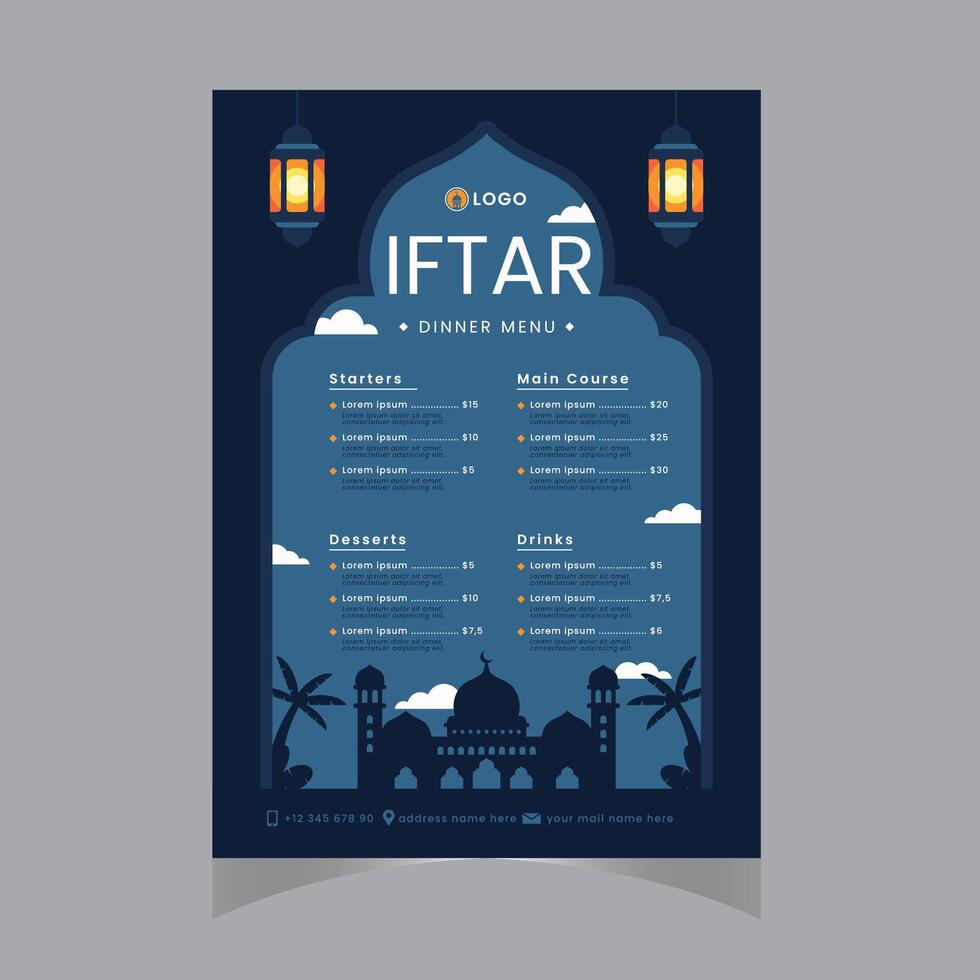 vecteur plat iftar verticale menu modèle Ramadan menu modèle dans bleu islamique Contexte conception. aussi bien modèle pour restaurant menu conception.