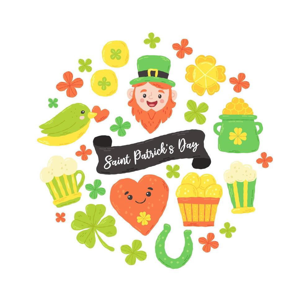 de fête carte postale pour st. patrick's journée avec caractères. main tiré plat dessin animé éléments. vecteur illustration