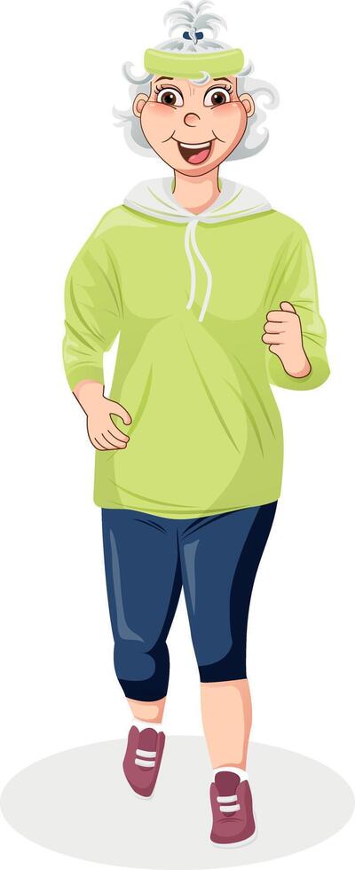 personnes âgées femme sur jogging. milieu vieilli femme dans dessin animé style. vecteur, retraité, des sports, joggeur, jogging, entraînement, mouvement, des sports entraînement. vecteur illustration