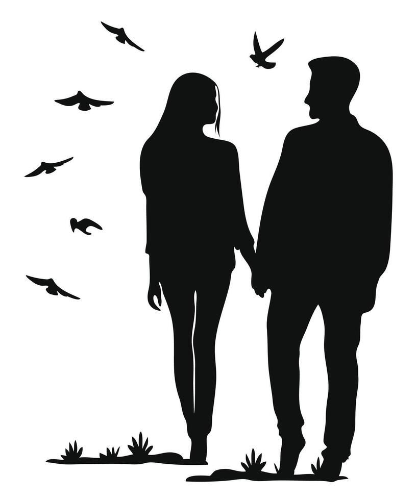 silhouette couple en portant mains sur la Saint-Valentin jour, contre une blanc Contexte avec des oiseaux en volant. vecteur