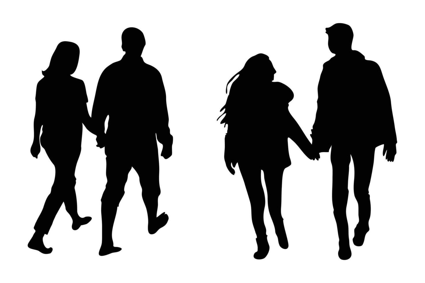 silhouette de des couples en portant main, Hommes et femmes en portant mains. vecteur illustrations