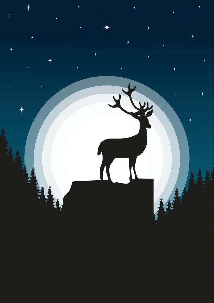 silhouette de cerf permanent sur le falaise dans nuit forêt. magique brumeux paysage, plein lune avec étoiles vecteur