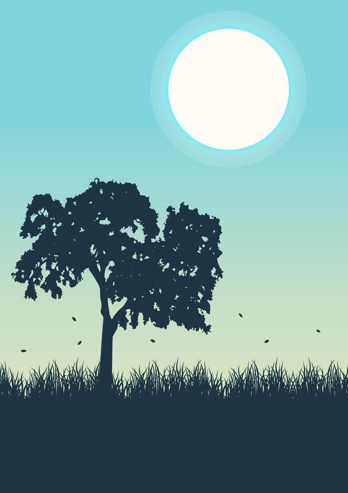 vecteur illustration de magnifique été champ paysage. Célibataire arbre dans le prairie, brillant Couleur bleu ciel