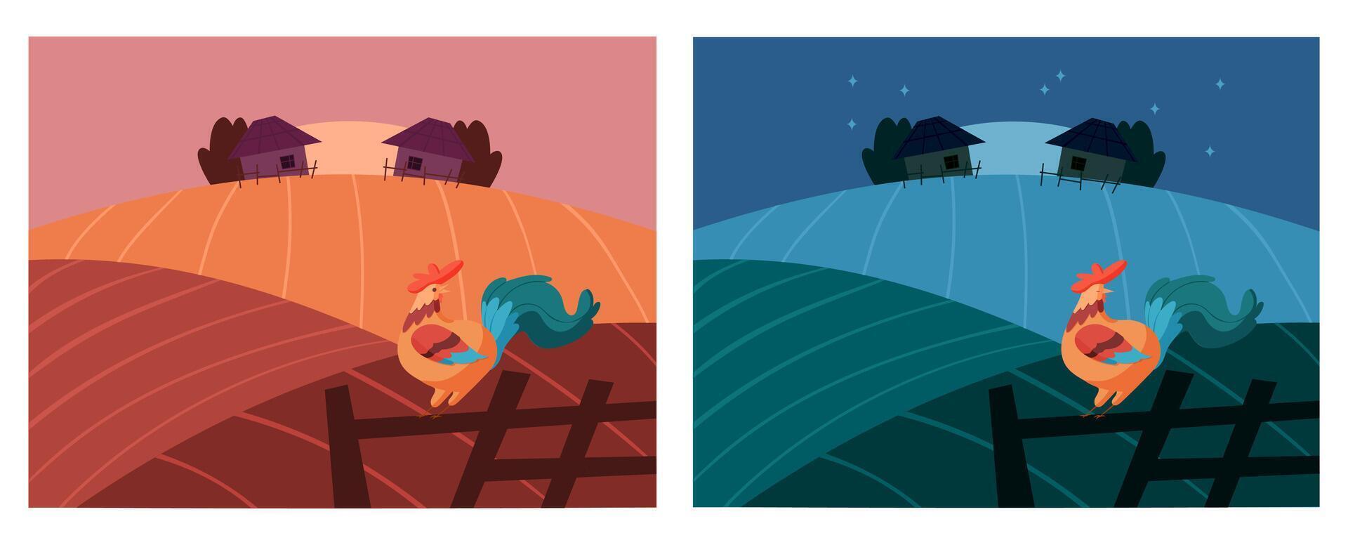 vecteur illustration de une coq sur une ferme Contexte. le image de nuit et Aube
