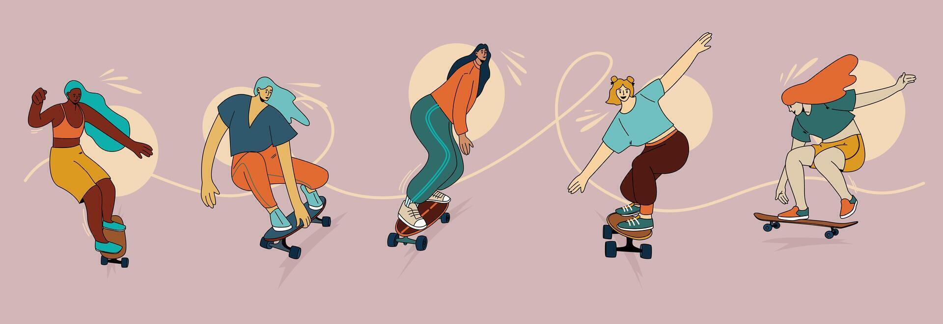 les filles balade sur planches à roulettes. faire de la planche à roulettes femme ensemble. illustration de les filles avec planche à roulette et longboard. fabrication cascades et des trucs sur planches à roulettes. Jeune les skateurs. vecteur