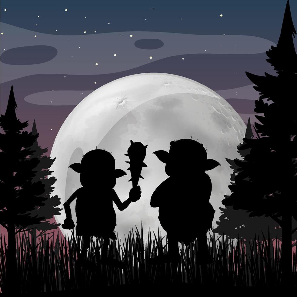 trolls silhouette avec fond de pleine lune vecteur