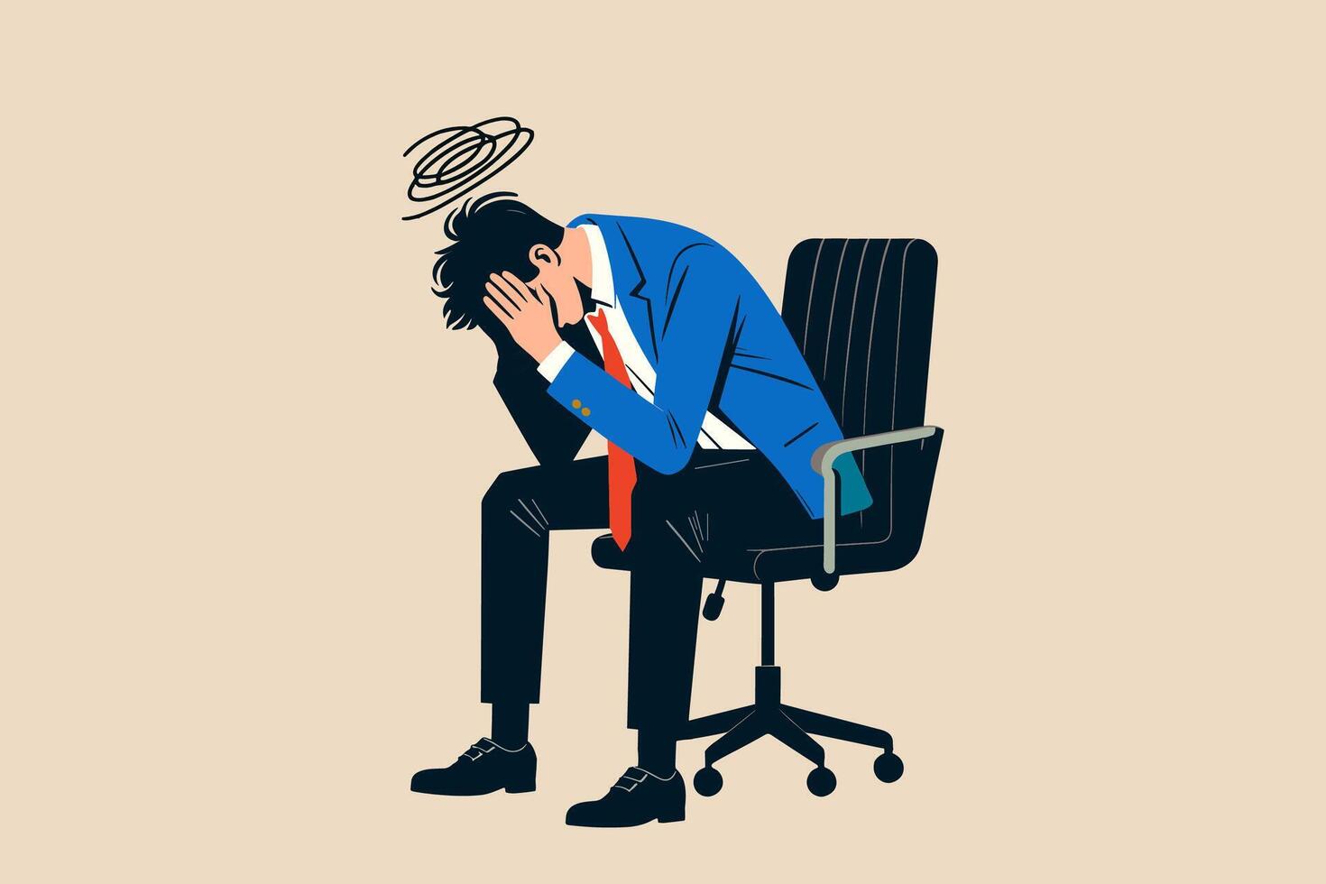 regret sur l'erreur commerciale, la frustration ou la dépression, la stupidité ou la folie de perdre tout l'argent, le stress et l'anxiété sur le concept d'échec, homme d'affaires frustré tenant sa tête assis seul sur la chaise vecteur