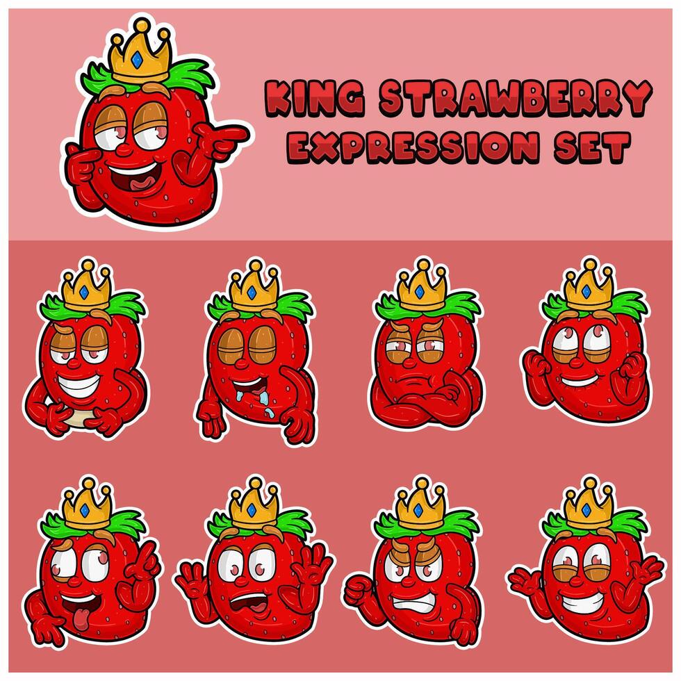 mascotte personnage dessin animé de Roi fraise expression ensemble avec couronne. vecteur