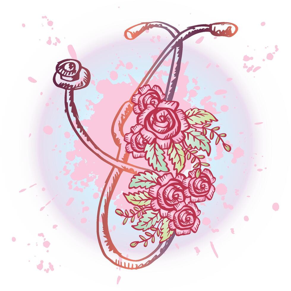 griffonnage médical stéthoscope avec Rose fleur vecteur