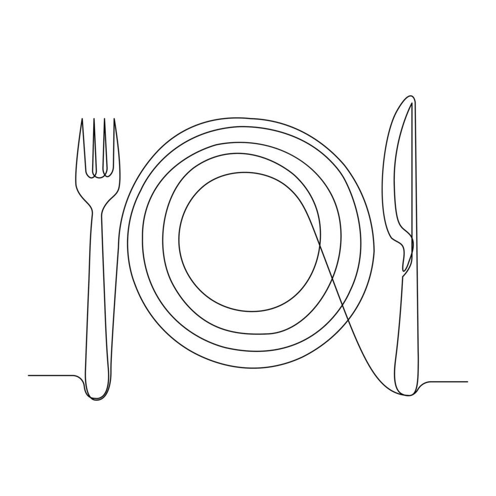 continu un ligne dessin de assiette couteau et fourchette main tiré griffonnage vecteur art illustration.