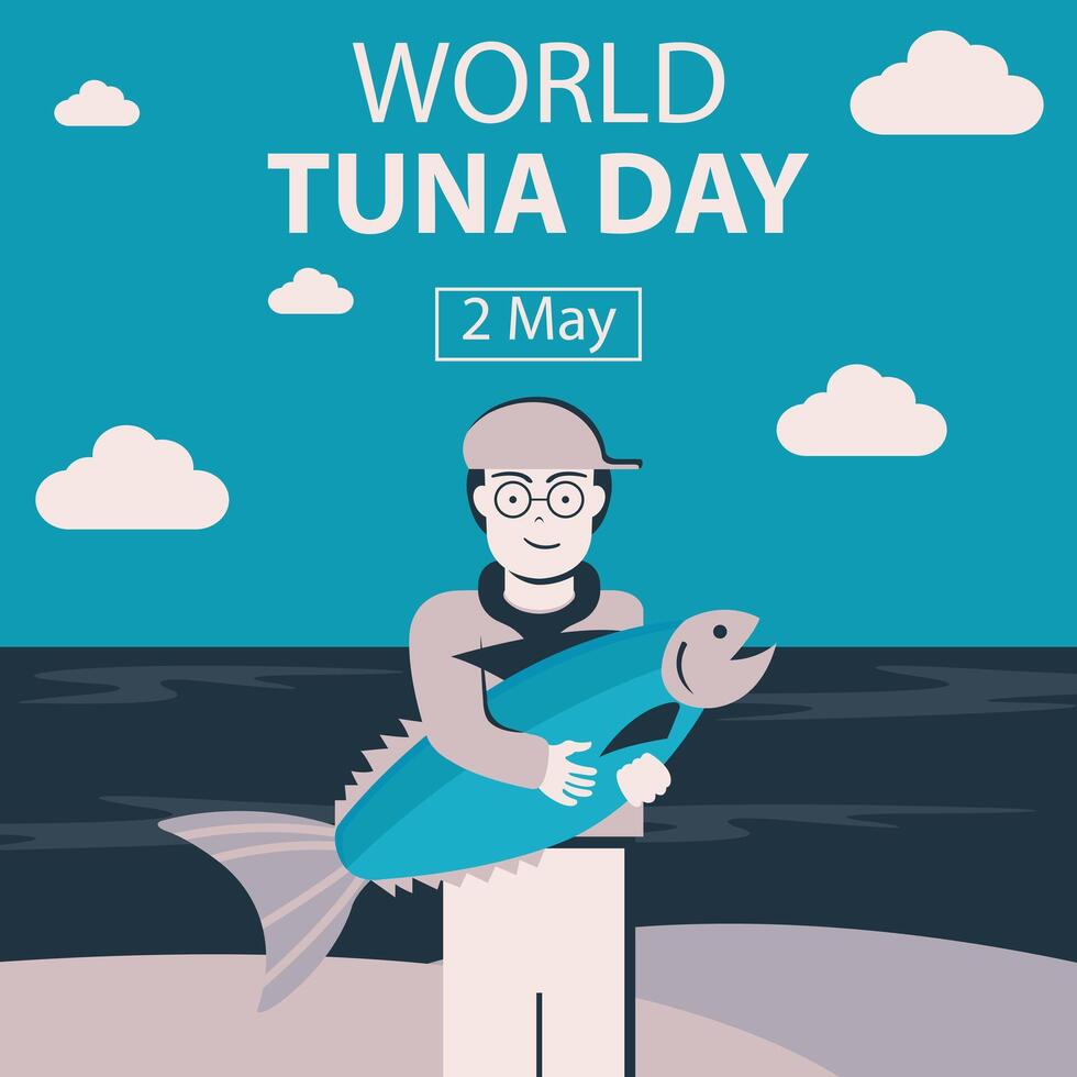 illustration vecteur graphique de une homme en portant une thon poisson sur le plage, parfait pour international jour, monde thon jour, célébrer, salutation carte, etc.