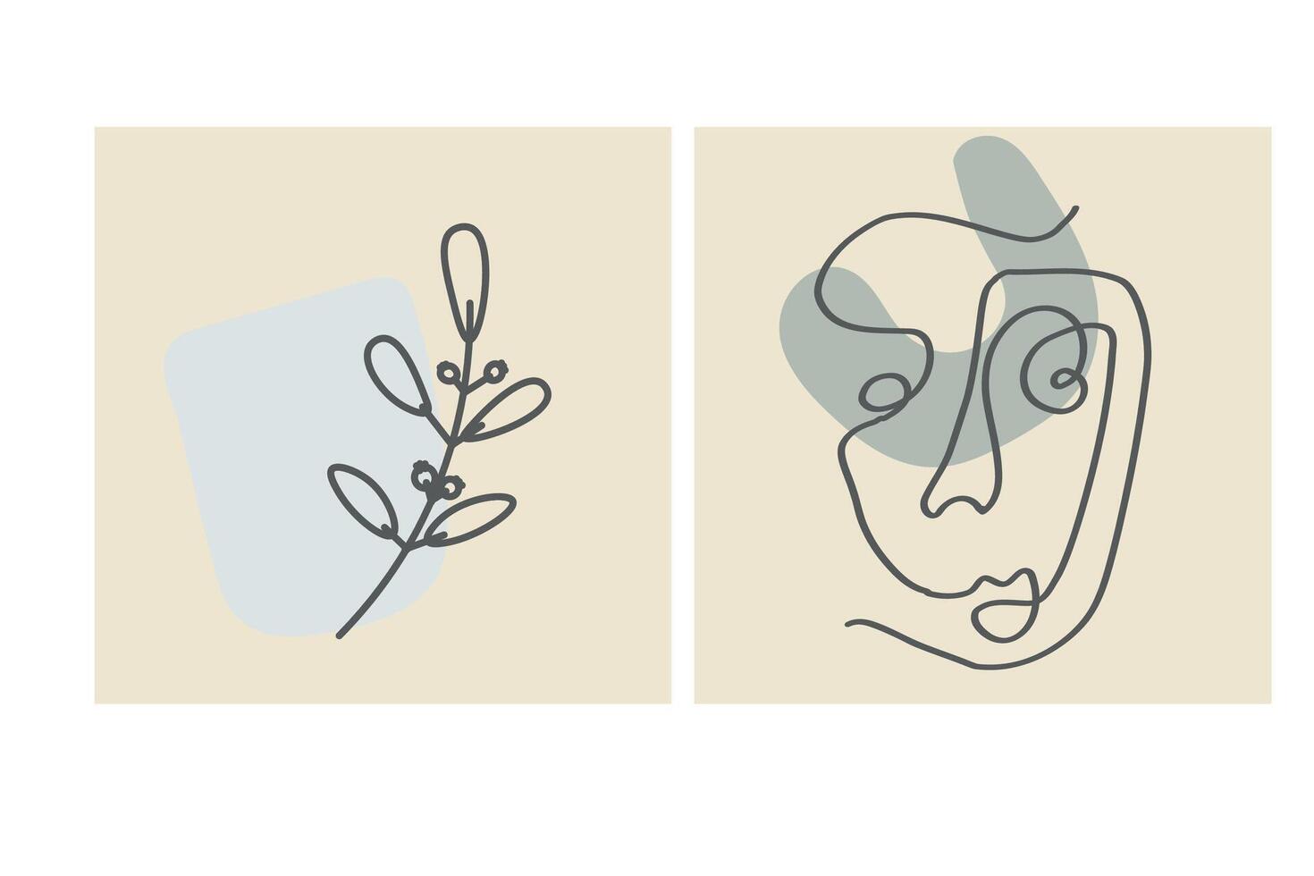 divers visages, feuilles et formes abstraites. illustrations vectorielles contemporaines sur fond de couleur. ligne, concept élégant minimaliste. parfait pour les médias sociaux, les cartes, les cartes postales. vecteur