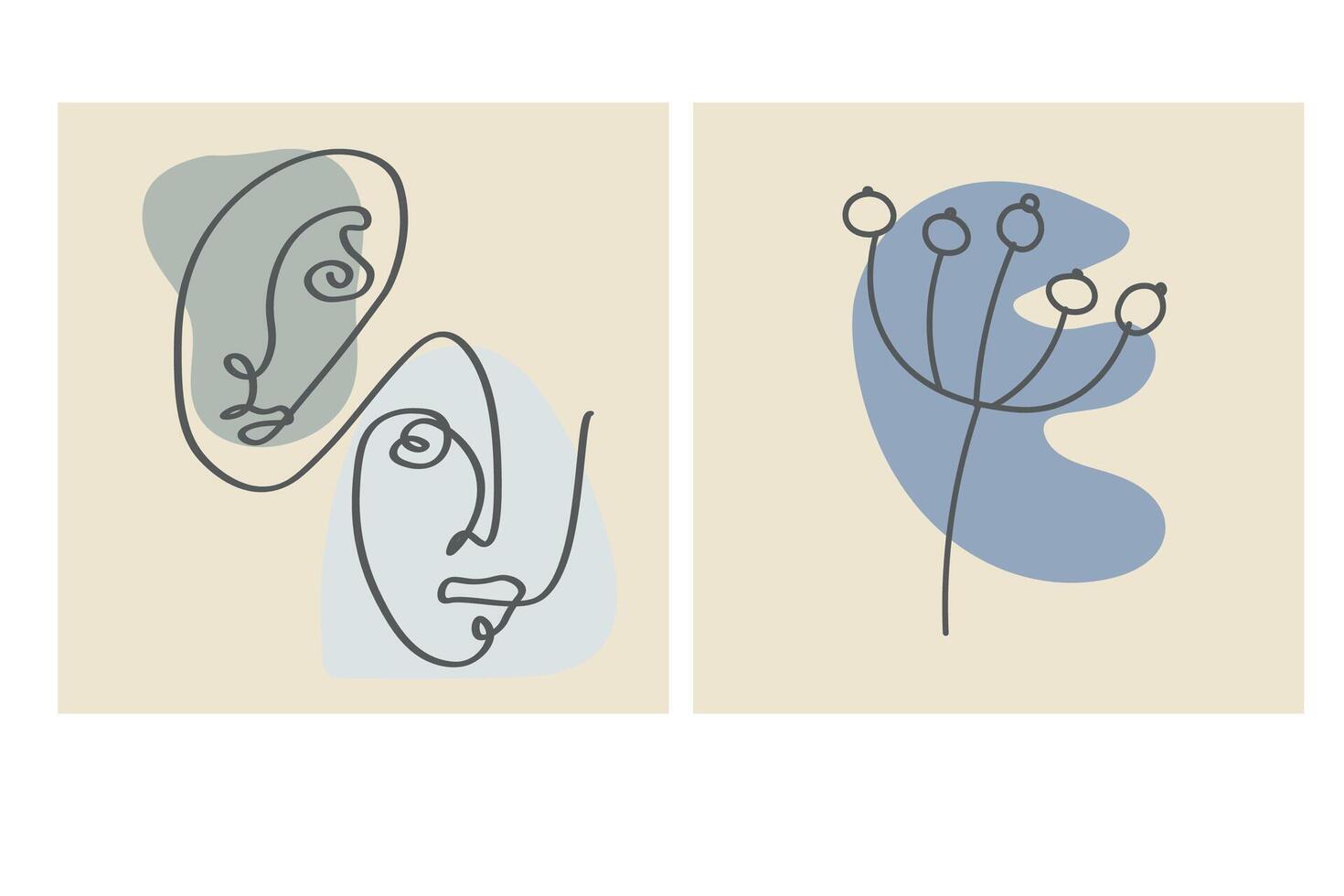 divers visages, feuilles et formes abstraites. illustrations vectorielles contemporaines sur fond de couleur. ligne, concept élégant minimaliste. parfait pour les médias sociaux, les cartes, les cartes postales. vecteur