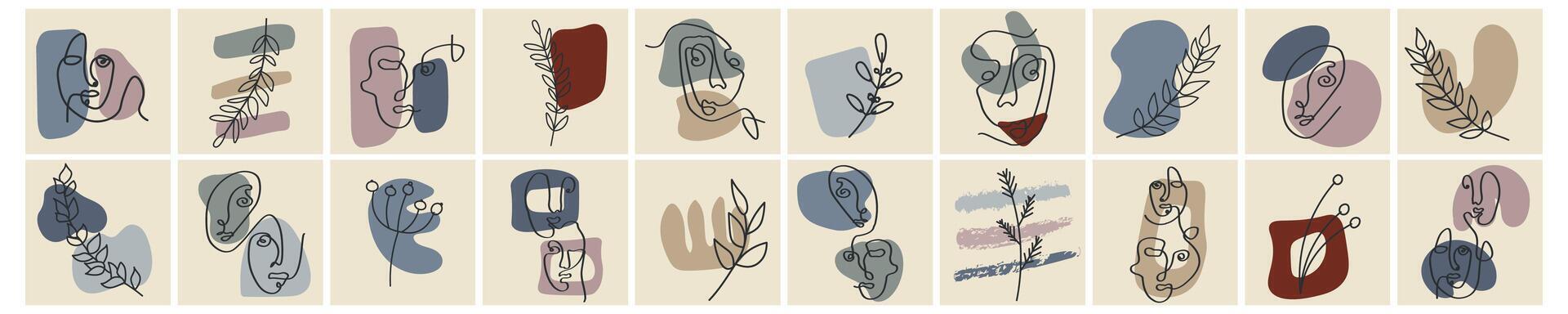 divers visages, feuilles et formes abstraites. illustrations vectorielles contemporaines sur fond de couleur. ligne, concept élégant minimaliste. parfait pour les médias sociaux, les cartes, les cartes postales. vecteur