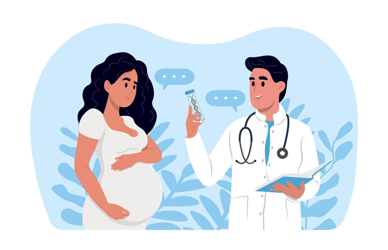 une Enceinte femme est parlant à un obstétricien gynécologue. une femme attendant une bébé visites le médecins bureau, examen pendant grossesse. vecteur