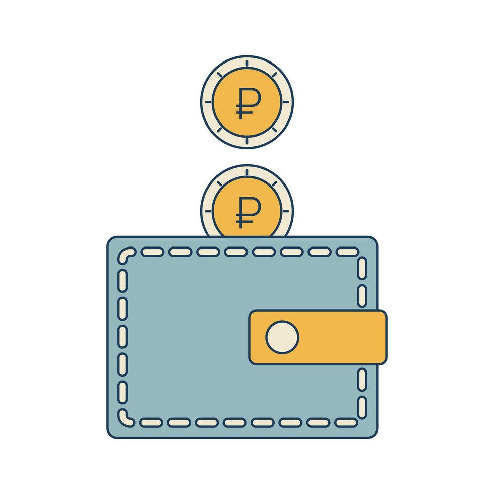 roubles tomber dans le portefeuille. russe pièces de monnaie sont empiler en haut dans le bleu portefeuille. Accueil finance, salaire, des économies. finance, économie. vecteur isolé illustration.