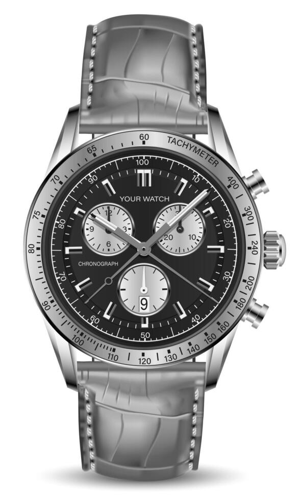 réaliste l'horloge regarder chronographe argent noir visage gris cuir La Flèche blanc noir nombre sur isolé Contexte conception pour Hommes luxe vecteur