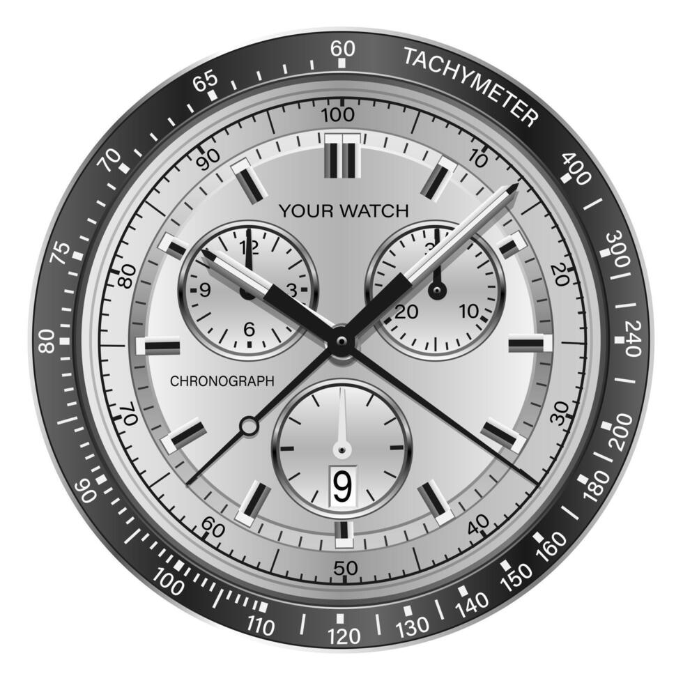 réaliste regarder l'horloge chronographe argent visage tableau de bord noir sur blanc conception classique luxe vecteur