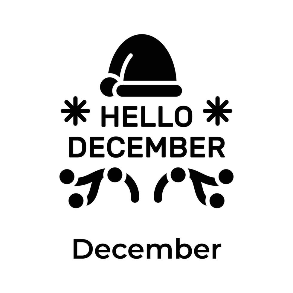 Bonjour décembre citation avec Père Noël chapeau, flocons de neige et cerf cornes, isolé sur blanc Contexte vecteur