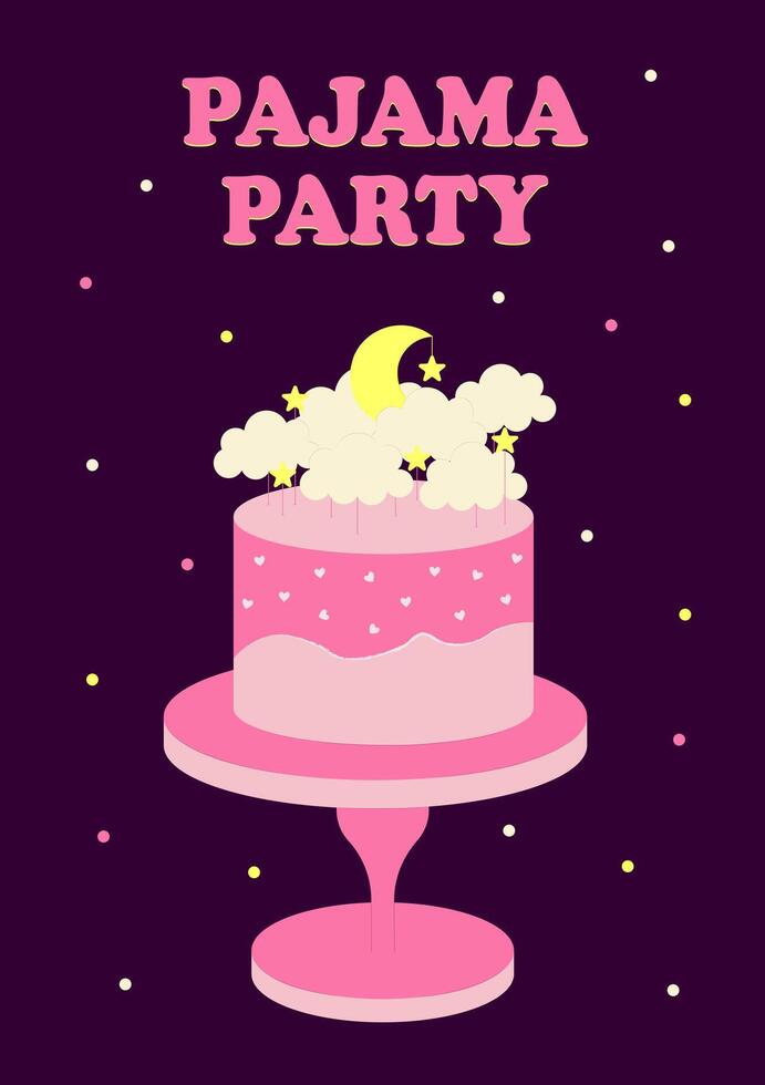 pyjama fête affiche invitation. gâteau décoré avec des nuages et lune avec étoiles. à thème bachelorette faire la fête, soirée pyjama ou anniversaire faire la fête. vecteur illustration