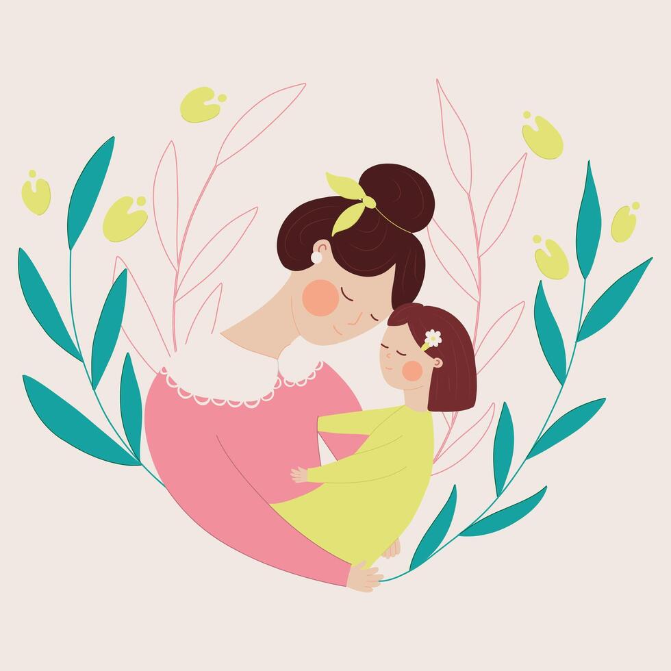 mère avec une petit enfant dans sa bras, fleurs dans le Contexte. salutation carte pour de la mère journée. vecteur illustration