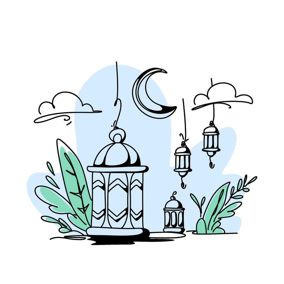 main tiré Ramadan lanternes griffonnage art, minimaliste Accueil décor affiche vecteur