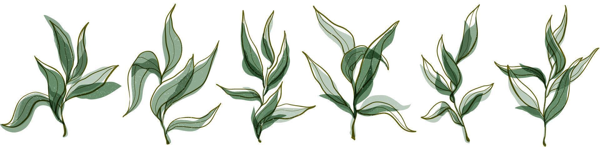 vecteur main tiré vert la nature olive branches ensemble avec rétro risographe effet et éclaboussure texture. italien grec en bonne santé les plantes isolé sur blanc Contexte.