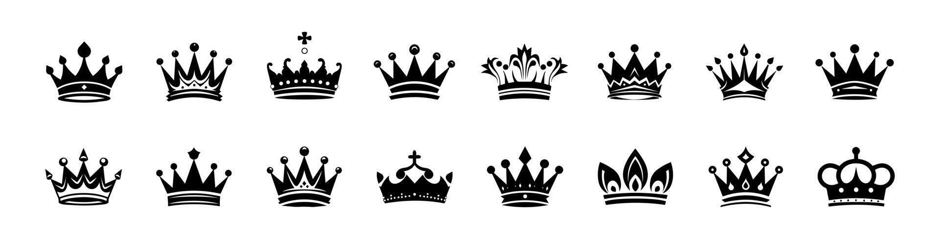 couronne Icônes ensemble. simple, noir silhouettes de une Royal couronnes. vecteur illustration isolé sur blanc Contexte. idéal pour logos, emblèmes, insigne. pouvez être utilisé dans l'image de marque, la toile conception.