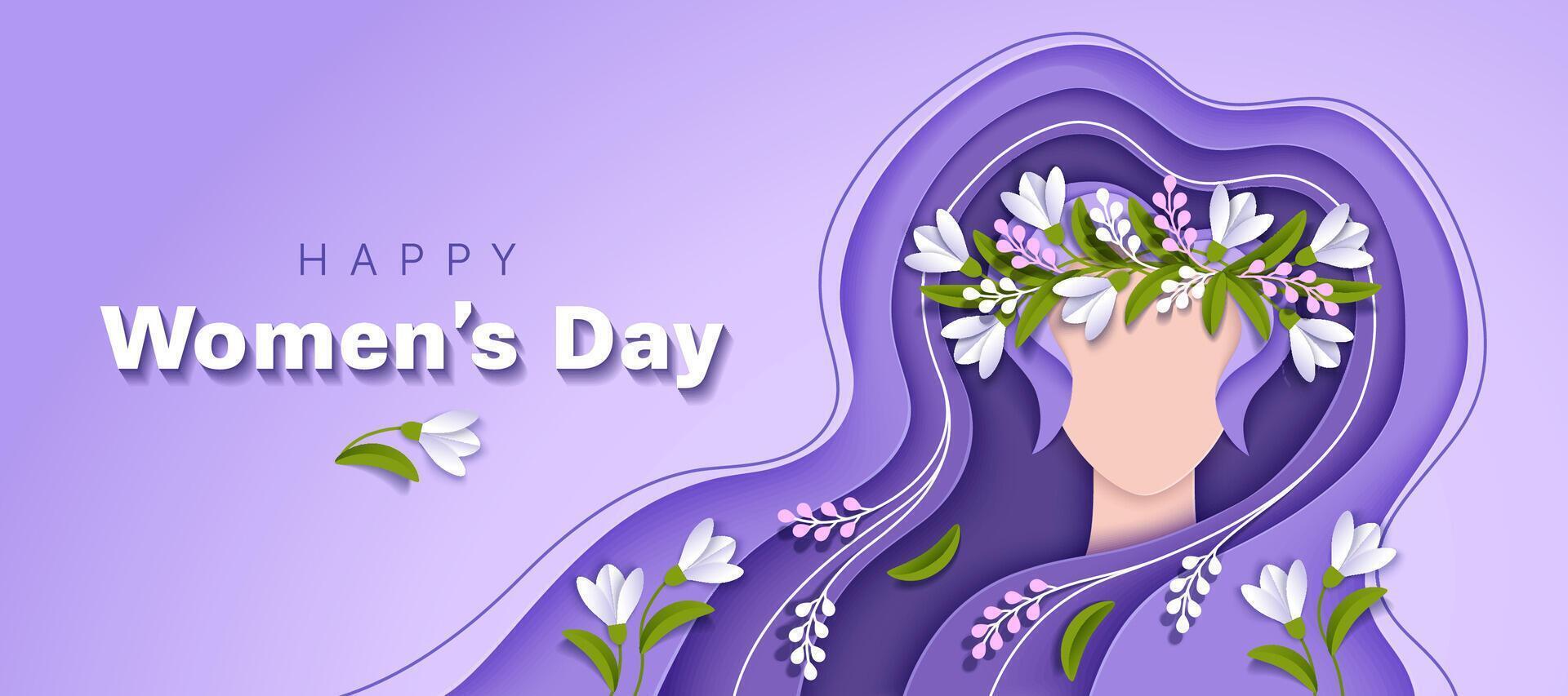 Créatif aux femmes journée papier Couper Contexte dans une violet couleurs. 8 Mars salutation carte avec une femme affronter, écoulement cheveux, couronne, fleurs et feuilles. vecteur illustration.