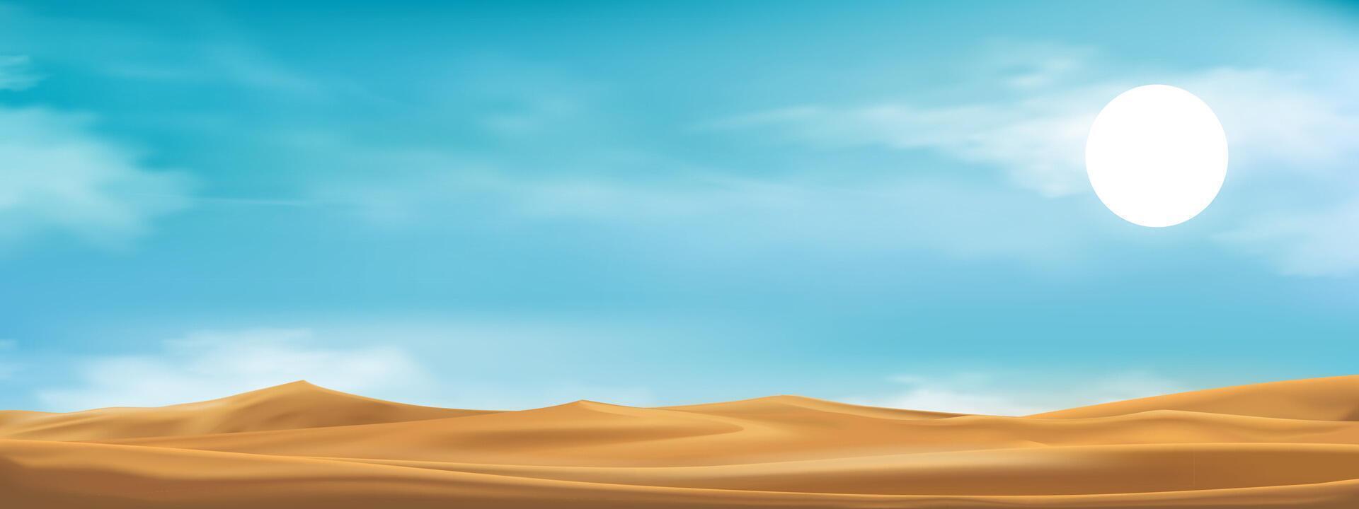 bleu ciel, nuage et désert paysage avec le sable dunes dans chaud ensoleillé journée été, vecteur panoramique Matin scène la nature avec marron le sable texture, notion pour Voyage ou printemps été promotion