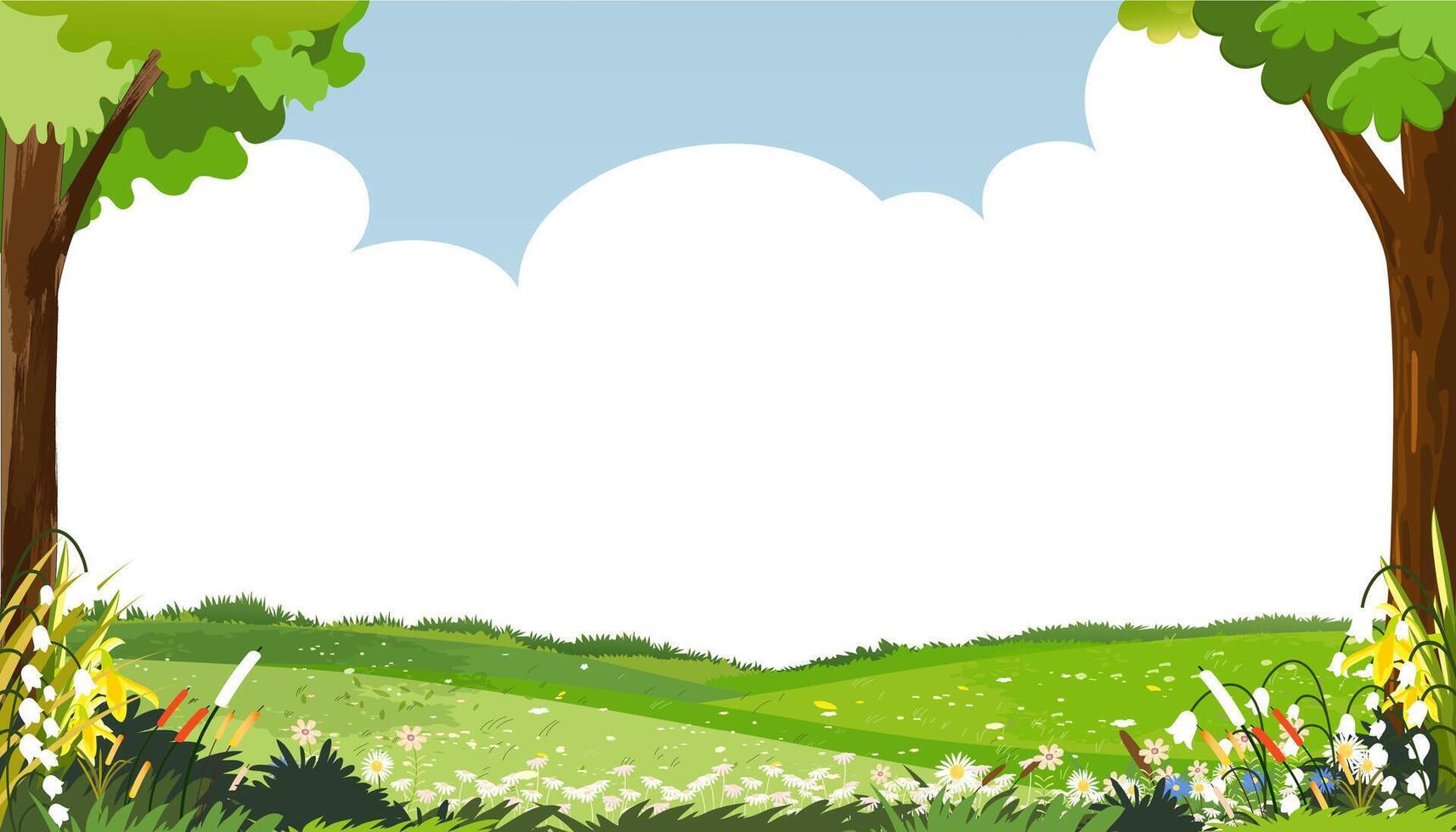 fond de printemps avec paysage de champ d'herbe rurale, bordure de feuilles vertes sur fond de ciel bleu, vecteur mignon dessin animé pour pâques avec espace de copie ciel et nuage, bannière de toile de fond pour bonjour printemps, été