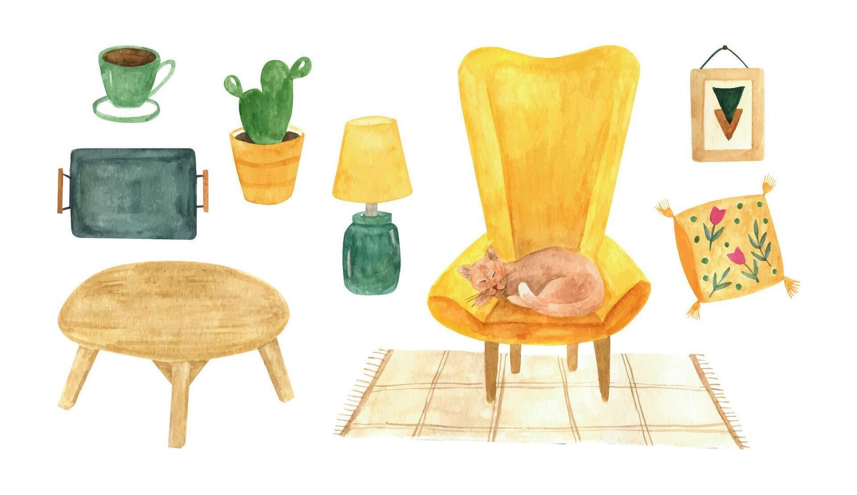 aquarelle ensemble de haute qualité hygge clipart à propos confortable peu maison. hygge Accueil décor et confortable intérieur vivant pièce ou chambre à coucher. mignonne Accueil usine, table lampe, café, oreiller et chat dans fauteuil. vecteur