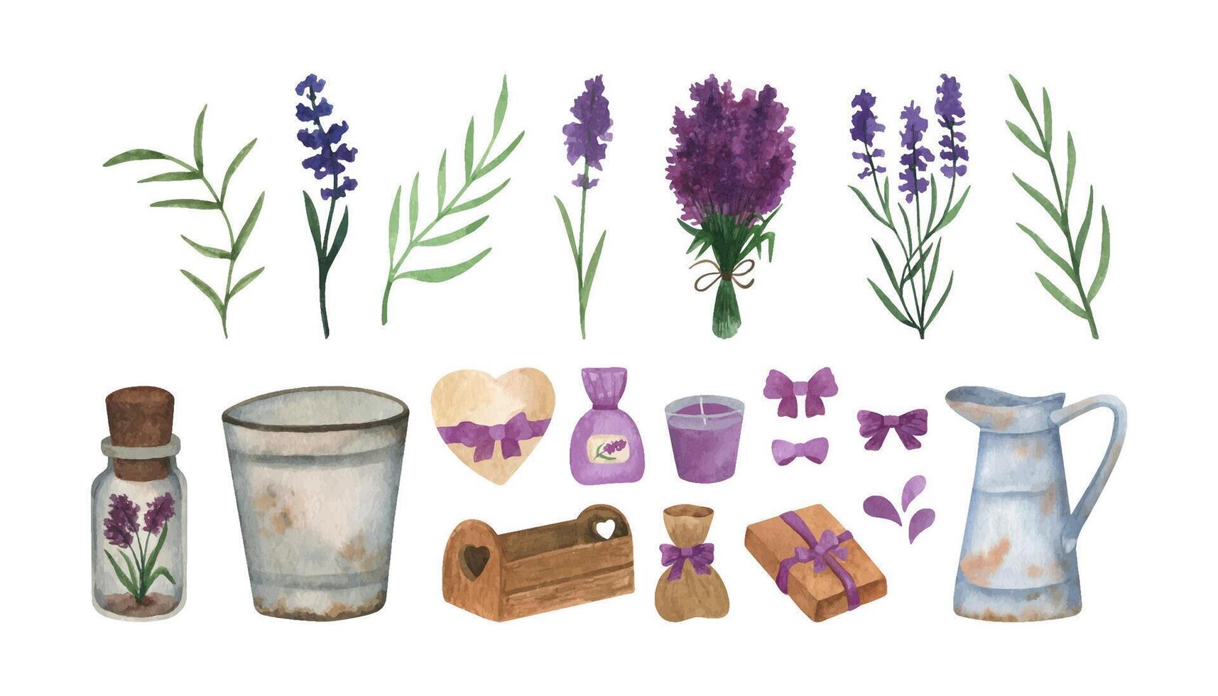 ancien lavande aquarelle clipart avec Provence bouquet, bois boîte, sac, arcs, seau, cruche vecteur