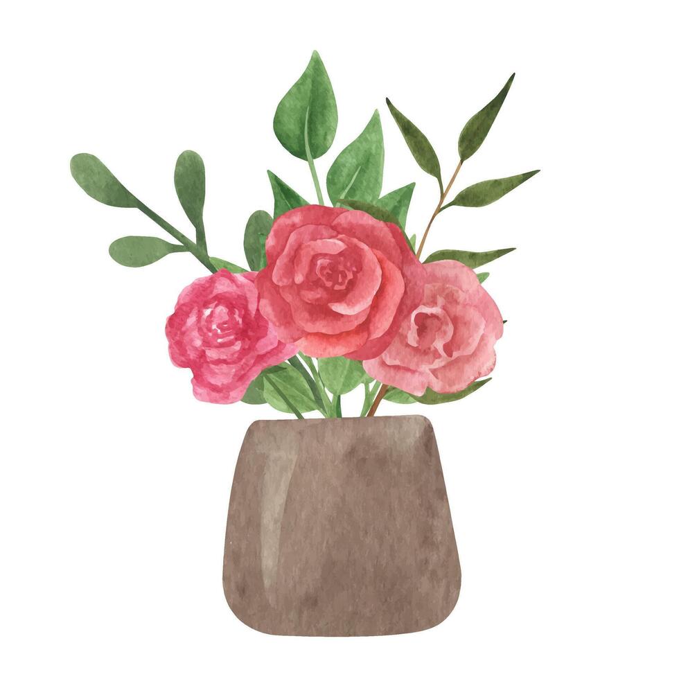 boho céramique, argile vase avec bouquet. Accueil décor pot. main tiré aquarelle clipart. terreux Couleur vecteur