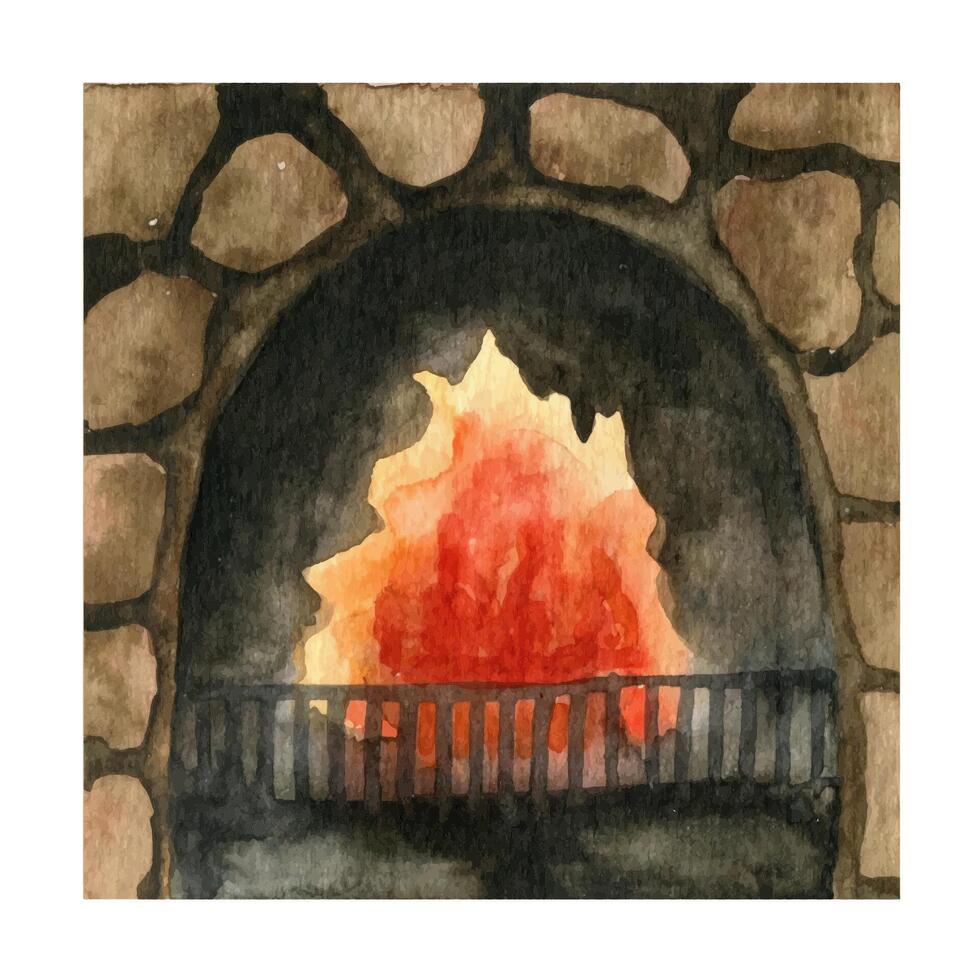 aquarelle intérieur illustration de Feu dans cheminée avec Naturel pierre. vecteur