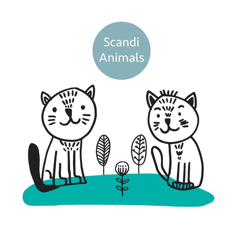 vecteur adorable chat dans branché scandinave style. drôle, mignon, câlin, main tiré illustration pour affiche, bannière, imprimer, décoration des gamins salle de jeux ou salutation carte.