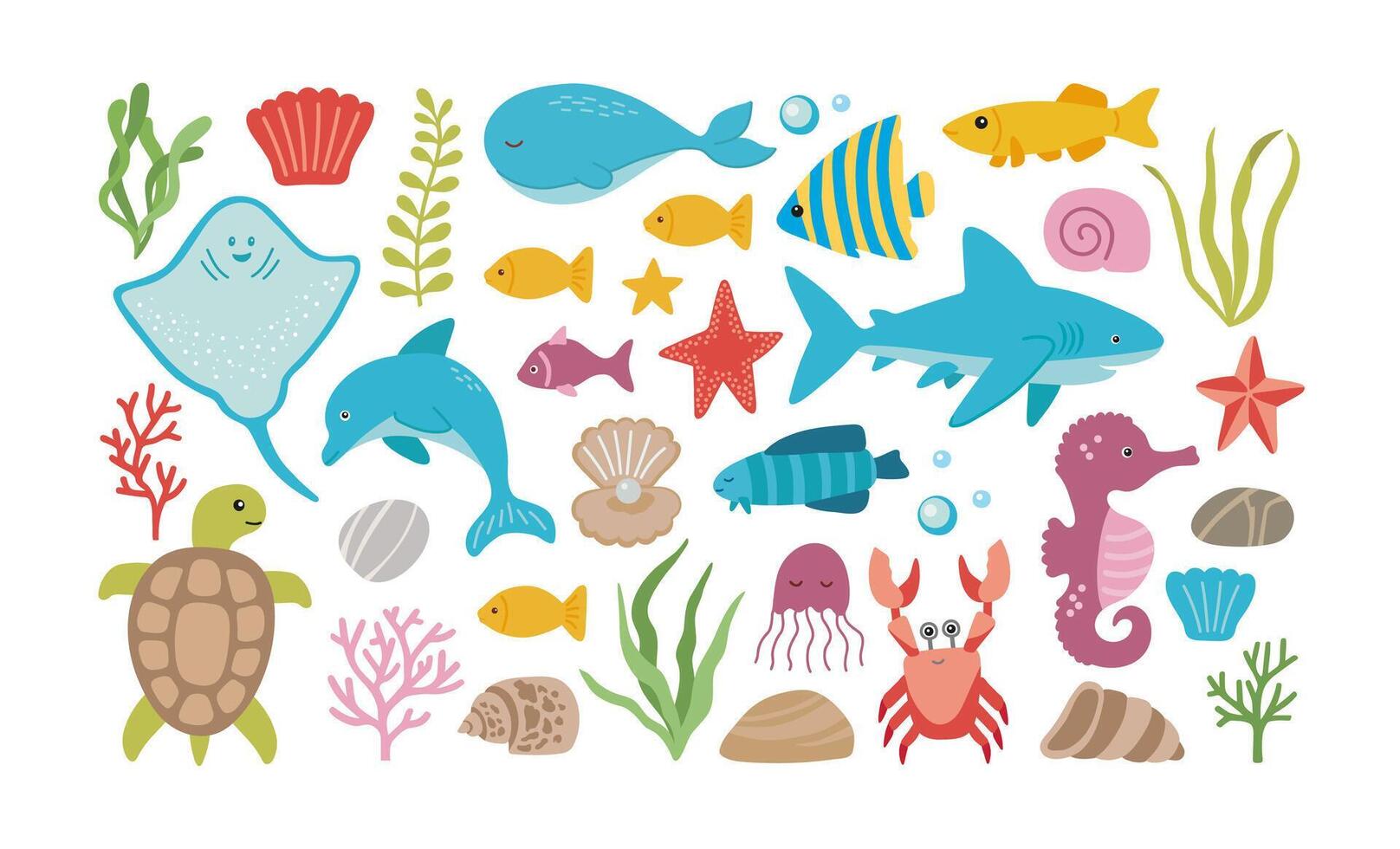 vecteur Marin la vie ensemble avec dauphin, requin, Raie, crabe, méduse, tortue, et algue