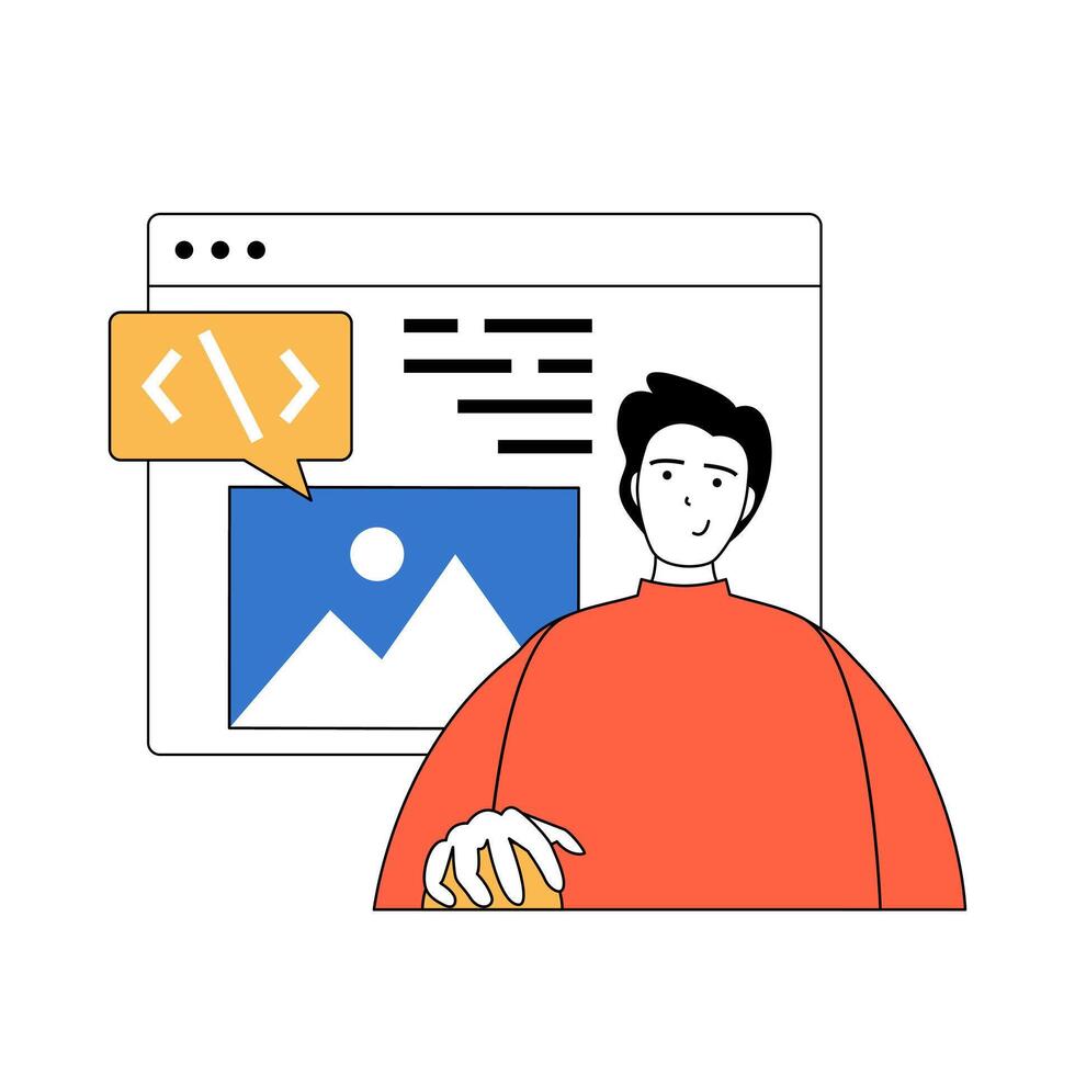 programmation concept avec dessin animé gens dans plat conception pour la toile. homme codage et ingénierie page Web mise en page, essai et fixation code. vecteur illustration pour social médias bannière, commercialisation matériel.