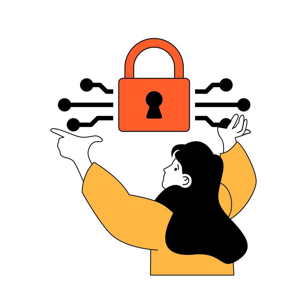 cyber Sécurité concept avec dessin animé gens dans plat conception pour la toile. femme en utilisant l'Internet Sécurité système avec cadenas et chiffrement. vecteur illustration pour social médias bannière, commercialisation matériel.