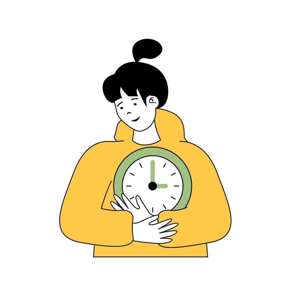 temps la gestion concept avec dessin animé gens dans plat conception pour la toile. femme avec l'horloge contrôler sa travail processus et productivité. vecteur illustration pour social médias bannière, commercialisation matériel.